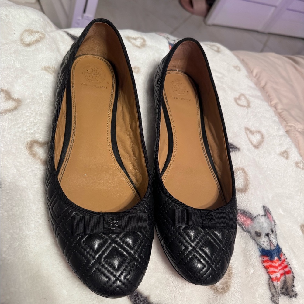 Tory Burch Black Quilted Leather Bow Ballet Flats